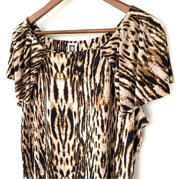 Anne Klein stretch jersey top with fluttery cap sleeves, animal print, plus size - Picture 3 of 11